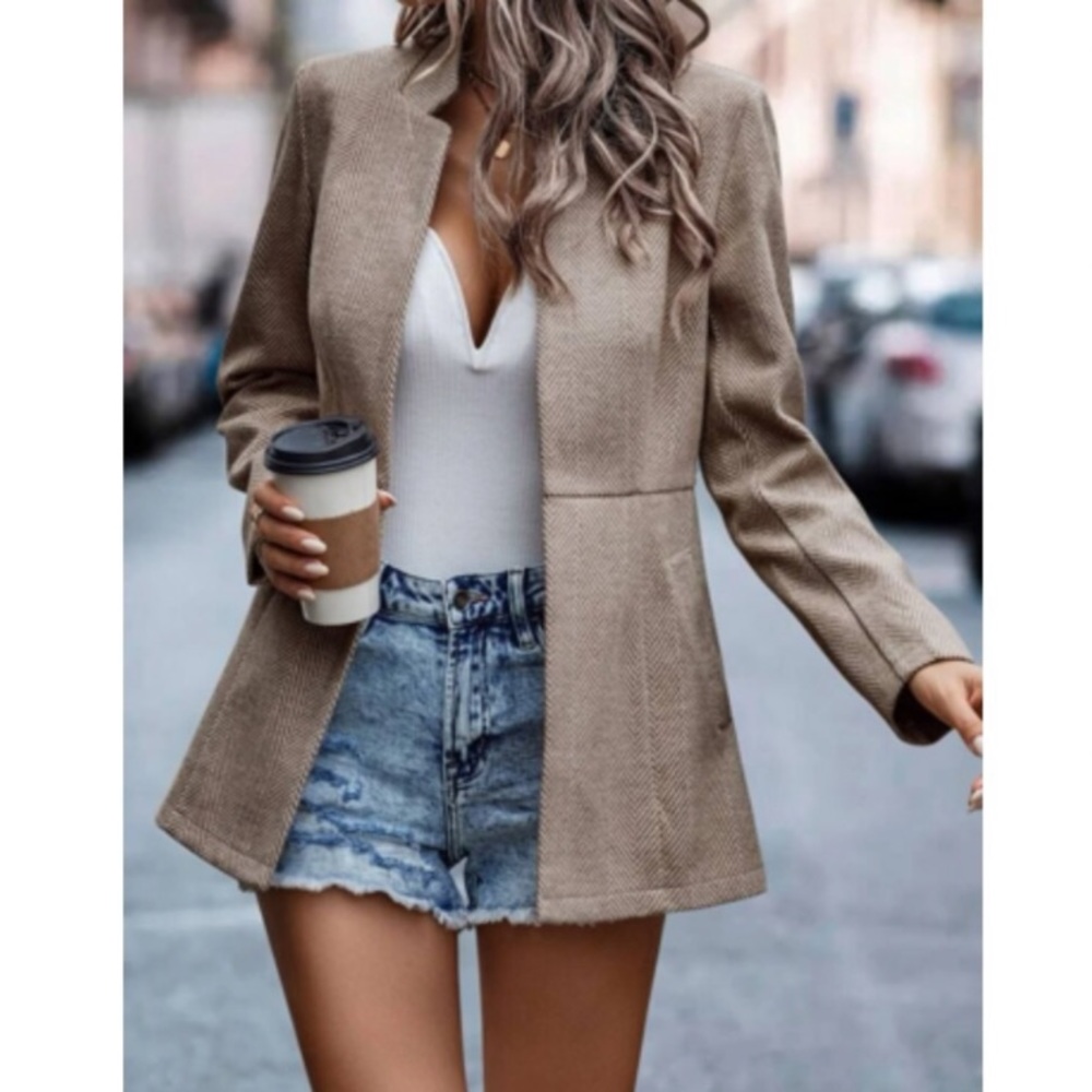 Luxe Khaki Herringbone Blazer Jacket Coat - Picture 2 of 4